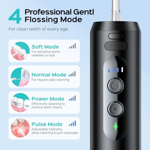 COSLUS Mini Water Flosser for Travel: Portable Compact Design, Cordless Oral Irrigator with 4 Modes, Removable Tank, IPX7 Waterproof for Braces, Orthodontic, Sensitive Teeth On-The-Go Use, Black, T40