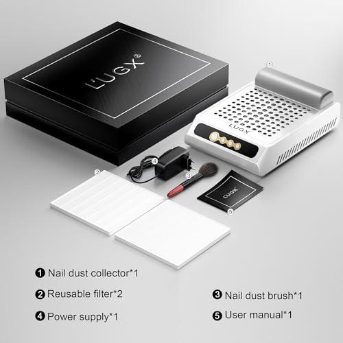 L'UGX Rechargeable Nail Dust Collector, Professional Brushless Turbo Dust Collector Nail Tech, Powerful Dust Suction Machine Manicure Pedicure Tool for Acrylic Nail Polishing, Low Noise, 2Pcs Filters