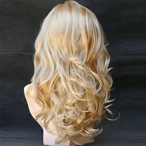 Kalyss Blonde Wig With Bangs Long Blonde Curly Wigs for Women Heat Resistant Synthetic Hair Wavy Blonde Highlights Wigs for Women 22 Inches