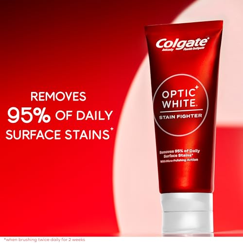 Colgate Optic White Stain Fighter Teeth Whitening Toothpaste, Anticavity Fluoride Toothpaste for Whitening Teeth, Helps Remove Daily Surface Stains, Clean Mint Paste, 4 Pack, 4.2 oz