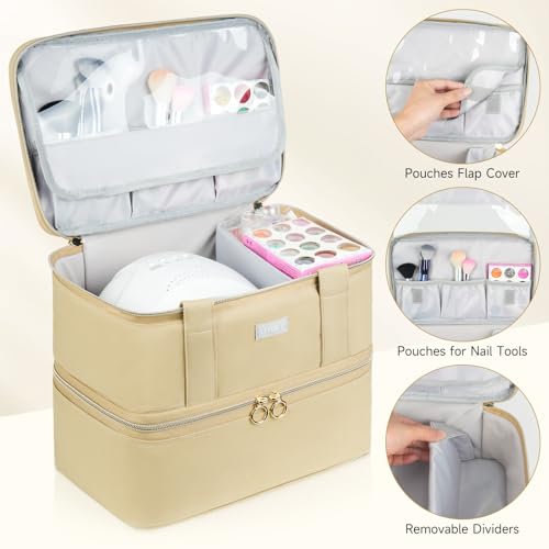 LEFORZ Nail Care Organizer, Double-Layer Nail Polish Organizer and Storage, Khaki, 40 Bottles (15ml-0.5 fl.oz) and Nail Lamp, Portable Nail Polish Holder