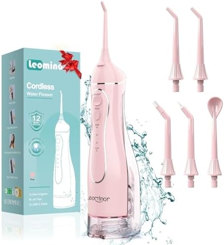 Leominor Water Dental Flosser Pick for Teeth, 300ML Portable Oral Irrigator Upgraded Tank Removable,IPX7 Waterproof, Rechargeable Travel Teeth Cleaner, Professional Electric Flossing (Pink)
