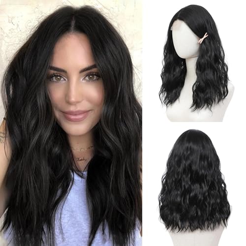 BUPPLER Jet Black Wig 18 Inch Medium Length Wigs for Women Middle Part Synthetic Hair Wavy Wig with Upgraded Strands,Natural Hair Wig for Daily Party/Halloween Use 18Inch,Jet Black