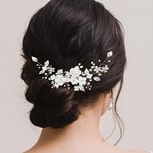 CASDRE Flower Bride Wedding Hair Vine Pearl Bridal Headpiece Leaf Hair Accessories Hair Piece for Women and Girls (A Silver)