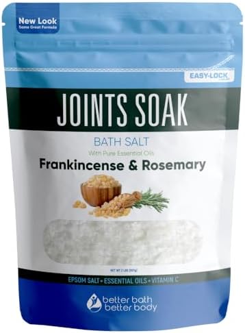 Joints Soak Bath Salt 32 Ounces Epsom Salt with Natural Rosemary, Frankincense and Peppermint Essential Oils Plus Vitamin C in BPA Free Pouch with Easy Press-Lock Seal