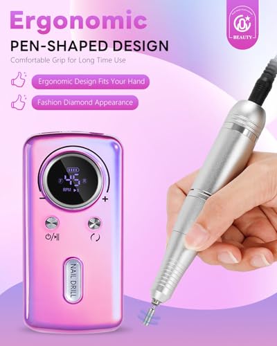 Cordless Nail Drill Professional: 45000 RPM Rechargeable Electric Nail File Kit, Portable & Low Noise for Acrylic, Gel Nails, Manicure & Pedicure - Salon & Home Use
