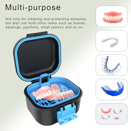 BVN Leak-Proof Denture Case, Denture Cup for Soaking Dentures, Retainer Cleaning Case Black and Bule Dent
