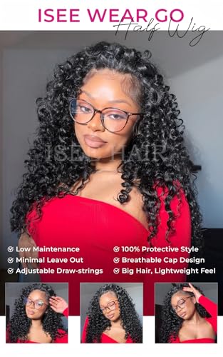 ISEE Half Wig Human Hair Water Wave Human Hair Glueless Wigs Seamless Clip Ins Flip Over Wear Go Wig Invisible Hairline Beginner Friendly 20 Inch