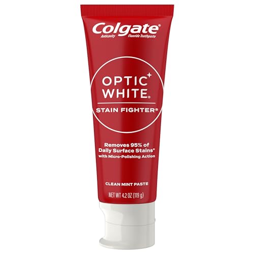 Colgate Optic White Stain Fighter Teeth Whitening Toothpaste, Anticavity Fluoride Toothpaste for Whitening Teeth, Helps Remove Daily Surface Stains, Clean Mint Paste, 4 Pack, 4.2 oz