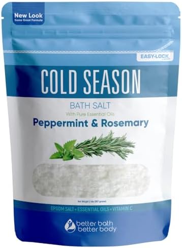 Cold Season Bath Salt 32 Ounces (2 Lbs) USP Grade Epsom Salt with Natural Rosemary and Peppermint Pure Essential Oils Plus Vitamin C in BPA Free Pouch with Easy Press Lock Seal Made in USA
