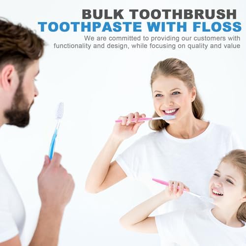 200 Sets Bulk Disposable Toothbrushes Toothpaste Floss Individually Wrapped Dental Floss Pick Kit Homeless Hygiene Kit Bulk Homeless Care Package Supplies for Travel Hotel (Light Blue Pink)