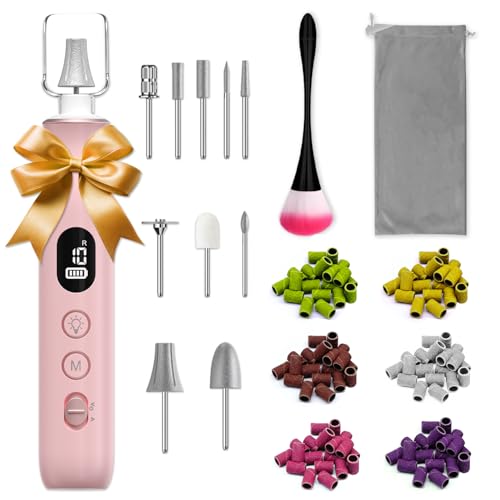Cordless Electric Nail File Set, 10 Speeds Professional Manicure Pedicure Kit with LED Light, Portable Nail Drill for Natural & Acrylic Nails, Human & Pet Thick Toenails, w 120*Sanding Bands (Pink)
