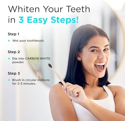 CARBON WHITE Teeth Whitening Powder - Natural Activated Coconut Charcoal Tooth Powder for Removing Stains & Discoloration - Helps Fight Tartar & Plaque, Freshens Breath - Tasteless, Odorless - 30g