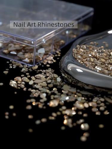 Champagne Nail Rhinestones, 5380Pcs Flatback Gold Glass Charms Gems Stones, 24 Grids 19 Types of Shaped Nail Art Rhinestones Kit with Picking Pen and Tweezers, 6 Sizes for Face Decoration