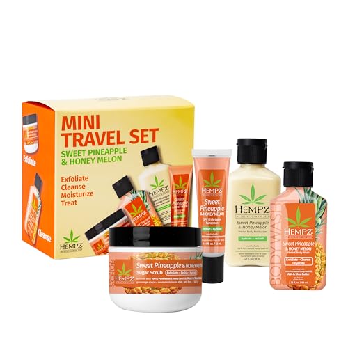 Hempz Mini Sweet Treats, Travel Kit, Mini Body Wash, Body Lotion, Body Scrub and Lip Balm, Sweet Pineapple Honeymelon Scent, 4 Piece Gift Set