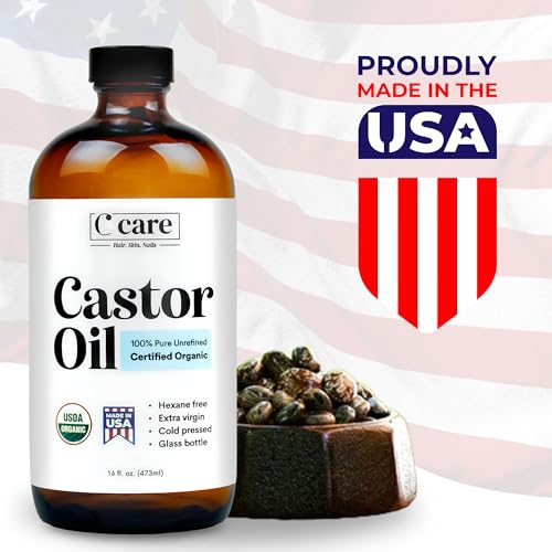 Castor Oil 100% Pure Organic Cold Pressed Unrefined Glass Bottle With Pump | USDA Certified Organic | Hexane Free Extra Virgin | For Hair Growth Eyebrows Eyelashes Skin and Castor Oil Pack Wrap | 16oz