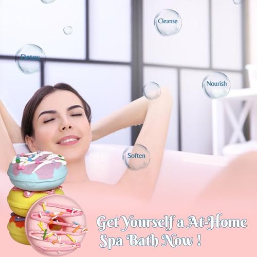 KAV Bath Bombs, 4 Donut Bath Bomb Gift Set, Natural Organic Bubble Bathbombs for Women, Gifts Stocking Stuffers Christmas Easter Self Care Gift Set for Ladies Girls Kids - 4 Scents