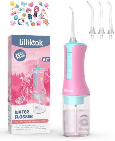 Kids Water Flosser Pink, Rechargeable Oral Irrigator for Kids Aged 6+, 4 Modes, 3 Jet Tips, Fun Stickers, Safe and Gentle Oral Care