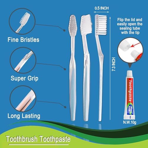 HQSL Sund 100 pcs Disposable Toothbrushes with Toothpaste, 2 Color Toothbrushes and Toothpaste 10g, Bulk for Homeless, Airbnb, Hotel