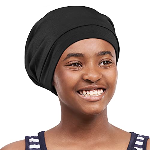 Kids Beanie Sleep Hats Bonnet for Night Sleeping Skull Cap to Keep Hair Smooth Adjustable Black