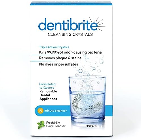 Crystals Cleaner for Removable Dental Appliances - Invisalign Aligners, Retainers, Guards, Dentures, Trays/Aligners - Odor Remover - No Persulfates or Dyes - 30ct - Made in USA
