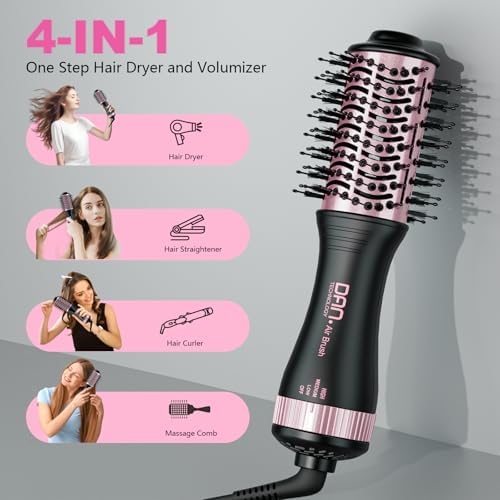 DAN Dual Voltage Hair Dryer Brush, Auto Dual Voltage 110V-120V/220V-240V Travel Hair Dryer Brush,Small Hot Air Brush with Multifunctional Conversion Plug,4 in 1 Blow Dryer Brush and Styler Volumizer