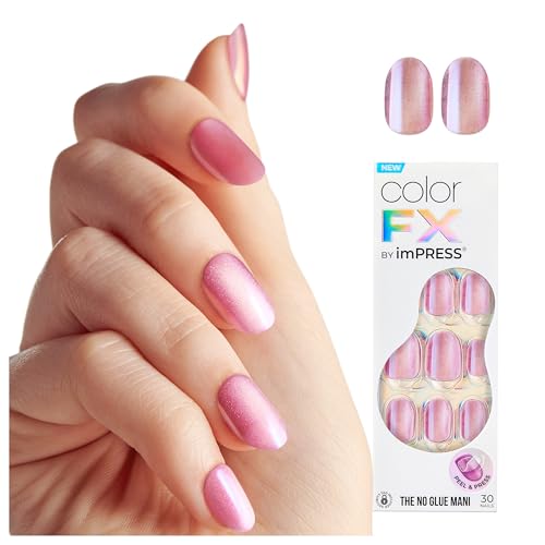 KISS colorFX by imPRESS Press On Nails , ‘Starry’, Solid Light Pink with Pearlescent Finish, Short Oval, New & Improved Adhesive, Includes 30 Fake Nails, Prep Pad, 1 Manicure Stick, 1 Mini Nail File