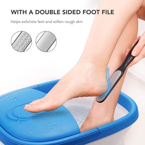 Collapsible Foot Spa Bath Massager with Heat-Maintaining, Bubbles, Red Light, 8 Shiatsu Massage Rollers, A Double-Sided Foot File for Stress Relief & Soft Feet, Space-Saving Feet Soaker, Blue