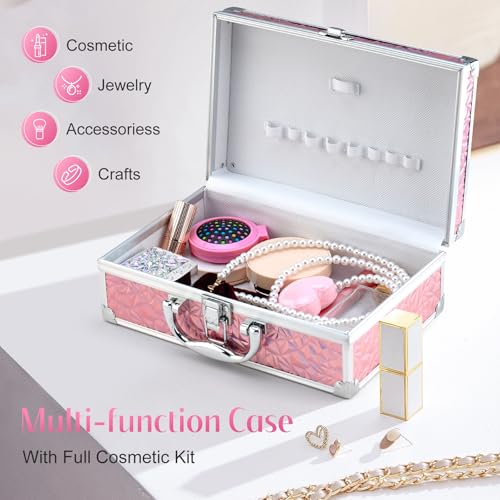 Color Nymph Starter Makeup Kit for Tweens Girls, Train Case for Women Full Kit with Eye Shadow, Lipstick, Blush, Brushes, Lipgloss, Mascara, Brow Wax and Mirror Pink Full Starter Cosmetics Set