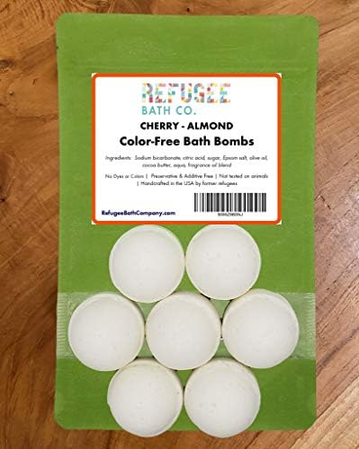 Color-Free Bath Bombs 7 Pack | 2.5 oz. Each | Cocoa Butter and Plant-Based Ingredients with No Dyes of Any Kind | Support Refugee Employment in USA (Cherry Almond)