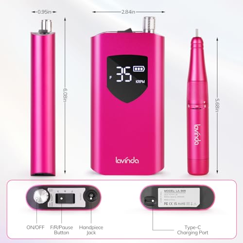 Lavinda Portable Nail Drill Professional, 35000 RPM Rechargeable, Electric Nail File Machine for Acrylic Nails, Gel Polishing, and Removing, Cordless Nail Drill for Salon and Home Use (Viva Magenta)