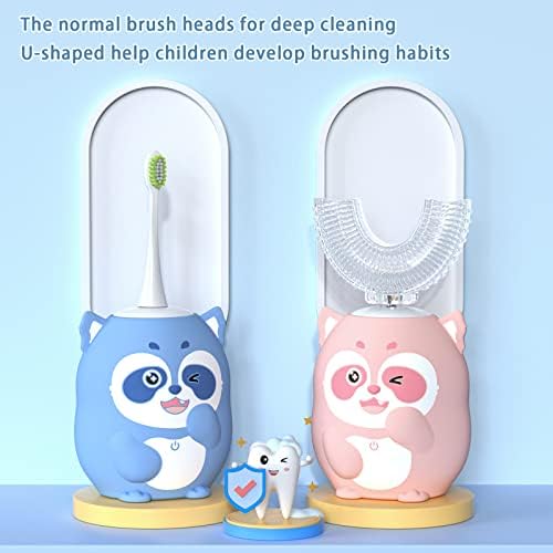 Kids Electric U Shaped Toothbrush Children Rechargeable Sonic Toothbrush with 4 Brush Heads Full Mouth 6 Cleaning Modes - (Age 2-7, Pink)