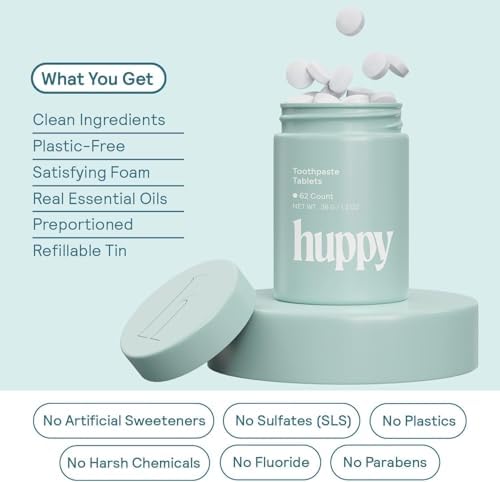 HUPPY Toothpaste Tablets, Nano Hydroxyapatite - Natural Whitening, Fluoride Free and Remineralizing - Travel Tabs, Strawberry Flavor, 62 Count