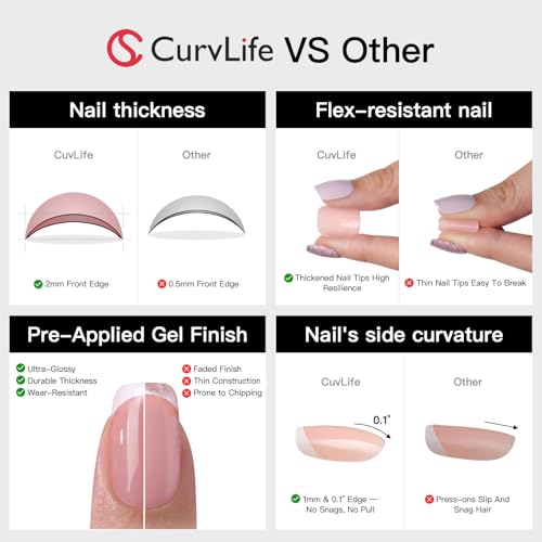 Curvlife Soft Gel Press on Nails, Fake Nails with Bright-Pink Design Full Cover False Nails for Women Reusable Nail Kit with Nail Glue Adhesive Tabs Nail File