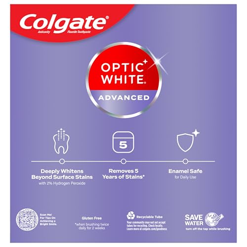 Colgate Optic White Advanced Hydrogen Peroxide Toothpaste, Teeth Whitening Toothpaste Pack, Enamel-Safe Formula, Helps Remove Tea, Coffee, and Wine Stains, Sparkling White, 3 Pack, 3.2 oz
