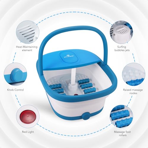 Collapsible Foot Spa Bath Massager with Heat-Maintaining, Bubbles, Red Light, 8 Shiatsu Massage Rollers, A Double-Sided Foot File for Stress Relief & Soft Feet, Space-Saving Feet Soaker, Blue
