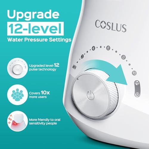 COSLUS Electric Water Flosser for Teeth, Professional Dental Pick for Orthodontic, Sensitive Gums, Braces - 12 Pressure Settings & 5 Multi-Functional Tips for Multiple Users, Home Use, White
