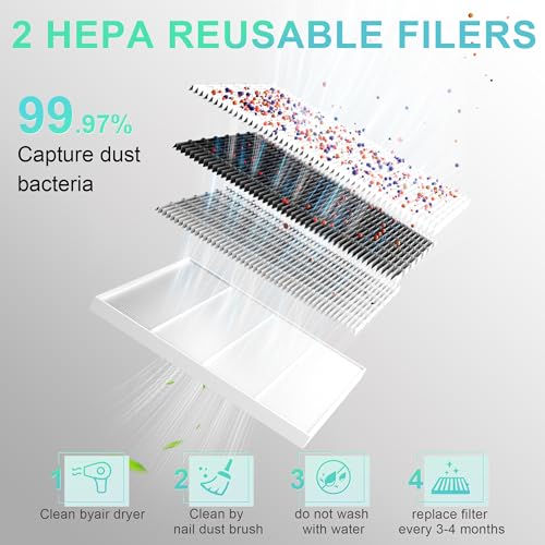 L'UGX Rechargeable Nail Dust Collector, Professional Brushless Turbo Dust Collector Nail Tech, Powerful Dust Suction Machine Manicure Pedicure Tool for Acrylic Nail Polishing, Low Noise, 2Pcs Filters