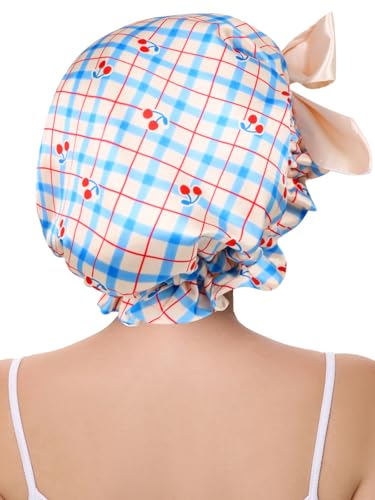 Cute Adjustable Silk Bonnet for Sleeping Double Layer Satin Cap Hair Sleep Bonnet for Curly Hair Cherry Blue