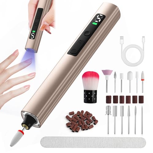Cordless Electric Nail Drill with UV Light Lamp, 14 in 1 Electric Nail File Drill, 5 Speed LCD Display Rechargeable Professional Manicure Pedicure Kit(Gold) (Gold)