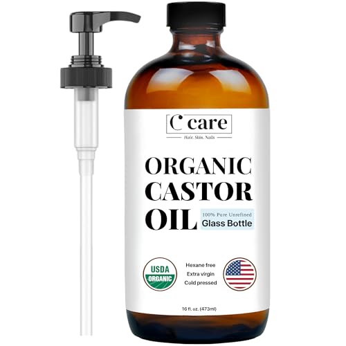 Castor Oil 100% Pure Organic Cold Pressed Unrefined Glass Bottle With Pump | USDA Certified Organic | Hexane Free Extra Virgin | For Hair Growth Eyebrows Eyelashes Skin and Castor Oil Pack Wrap | 16oz