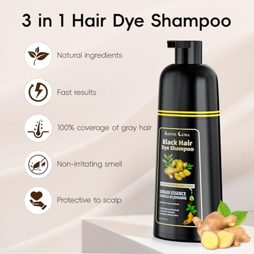 IIIMEIDU Black Hair Dye Shampoo 3 in 1, Natural Hair Dye Semi Permanent Hair Color, Gray Hair Cover Up, Ginger Essence shampoo for Color Treated Hair for Women and Men (500ml) 1