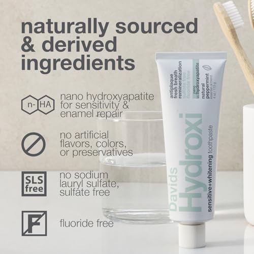 Davids Hydroxi Fluoride Free Nano Hydroxyapatite Toothpaste for Remineralizing Enamel & Sensitive Relief, Whitening, Antiplaque, SLS Free, Natural Peppermint, 5.25oz, Made in USA
