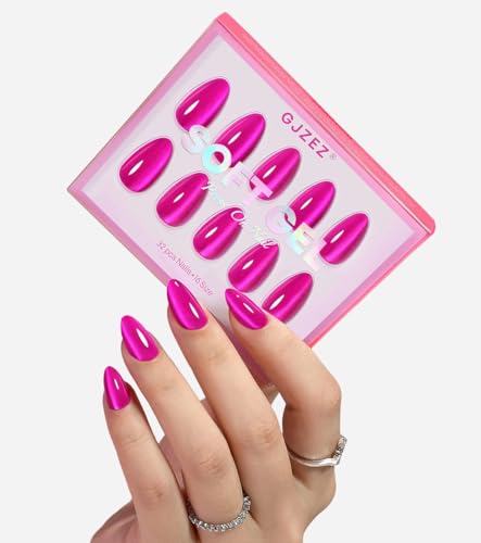 Hot Pink Press on Nails Cateye - GJZEZ Soft Gel Cat Eye Stick on Nails, Short Almond Press Ons, Bright Neon Pink Salon Grade Fake Nails | 16 Sizes - 32 pcs Reusable Summer Prom Nails, Rose Bonbon