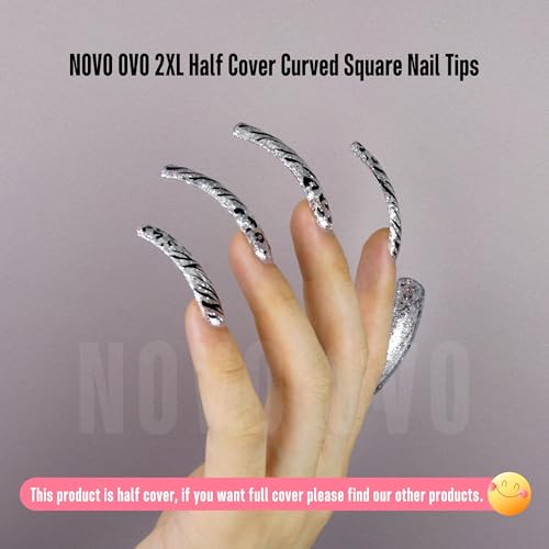 Half Cover XXL Curved Nail Tips, Square Shallow Paste Soft Gel x Long L XL XXXL Hawk Curve Claw 90s' Y2K Fake Nails Extension kit, Clear Soft French False Nail for Acrylic 12 Sizes 240pc