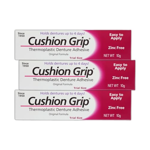 Cushion Grip Thermoplastic Denture Adhesive, 0.35 oz Travel Size (Pack of 3) | Refits and Tightens Loose Dentures On The Go | Non-Glue Adhesive, Acts Like a Soft Reliner