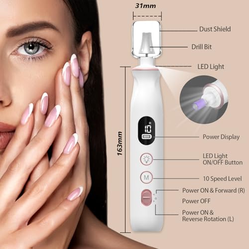 Cordless Electric Nail File Set, 10 Speeds Professional Manicure Pedicure Kit with LED Light, Portable Nail Drill for Natural & Acrylic Nails, Human & Pet Thick Toenails, w 120*Sanding Bands (White)