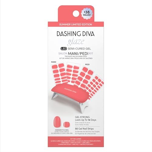 Dashing Diva Glaze Mani Pedi Kit - The Vitamin C Glaze - Comes with LED Nail Lamp - Long Lasting, Semicured Gel Nail Strips for Toes & Hands