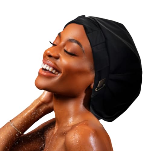 Hairbrella Luxurious Satin-Lined Adjustable Shower Cap For Women, 100% Waterproof, Reusable, Washable, Breathable, No Plastic (Black)