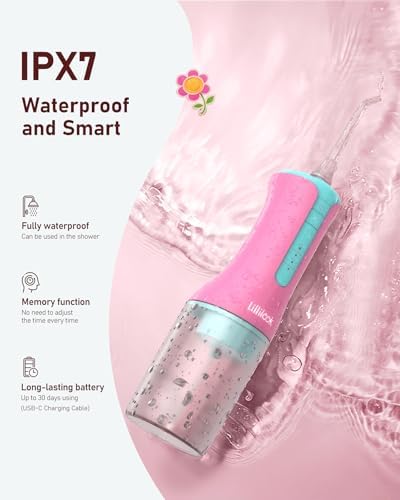 Kids Water Flosser Pink, Rechargeable Oral Irrigator for Kids Aged 6+, 4 Modes, 3 Jet Tips, Fun Stickers, Safe and Gentle Oral Care